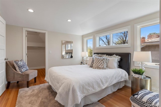 bedroom featuring a walk in closet, a closet, and wood-type flooring