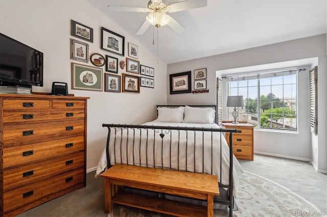 1818 S Quebec Way Unit 4, Denver, CO 80231 - bedroom featuring carpet flooring, lofted ceiling, baseboards, and ceiling fan