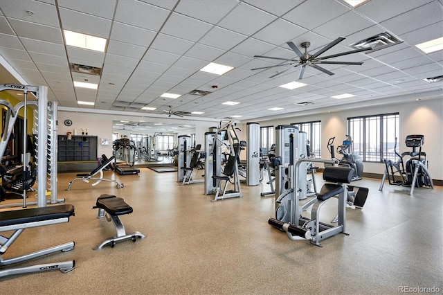 22183 E Rocky Top Pl, Aurora, CO 80016 - exercise room with a ceiling fan and a paneled ceiling