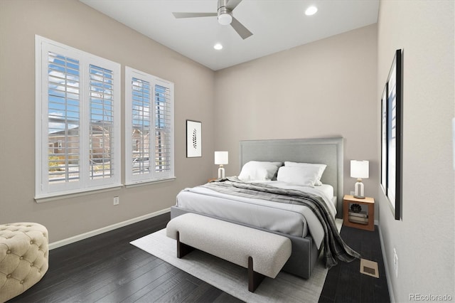 6725 Mentha Dr, Castle Rock, CO 80108 - bedroom featuring baseboards, recessed lighting, dark wood-style flooring, and ceiling fan