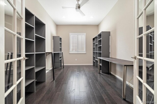 6725 Mentha Dr, Castle Rock, CO 80108 - unfurnished office featuring baseboards, a ceiling fan, and dark wood-style floors