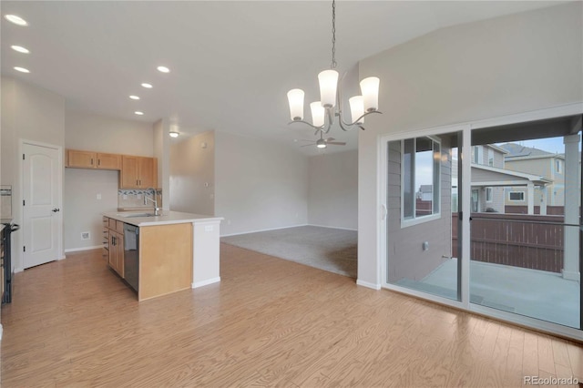 1867 Abundance Dr, Windsor, CO 80550 - kitchen featuring an inviting chandelier, a sink, recessed lighting, light wood-type flooring, and stainless steel dishwasher