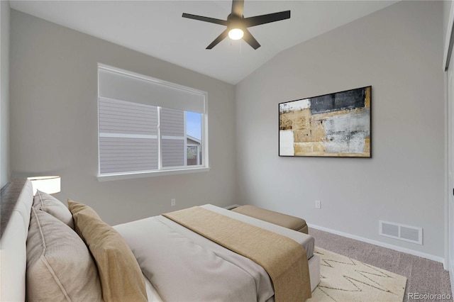 1867 Abundance Dr, Windsor, CO 80550 - carpeted bedroom with baseboards, ceiling fan, lofted ceiling, and visible vents