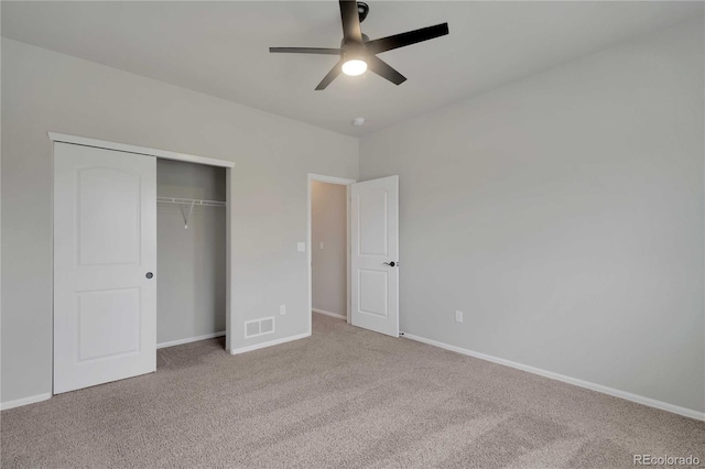 1867 Abundance Dr, Windsor, CO 80550 - unfurnished bedroom with a ceiling fan, visible vents, carpet floors, baseboards, and a closet
