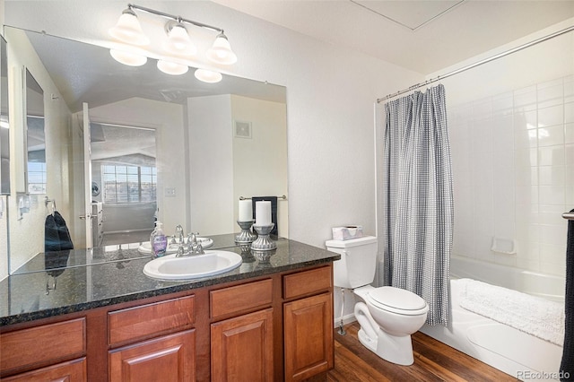 full bathroom featuring shower / bath combination with curtain, vanity, toilet, and hardwood / wood-style flooring