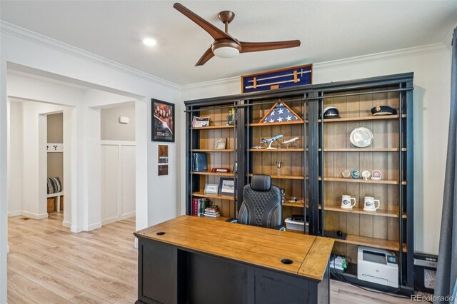 12841 Lake Port St, Longmont, CO 80504 - office space with a ceiling fan, ornamental molding, and light wood-style floors