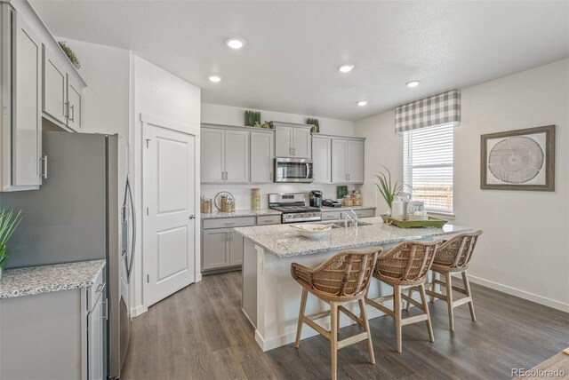 kitchen featuring gray cabinetry, a center island with sink, and stainless steel appliances