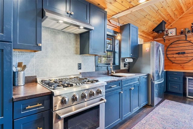 kitchen with appliances with stainless steel finishes, blue cabinets, wooden ceiling, under cabinet range hood, and lofted ceiling
