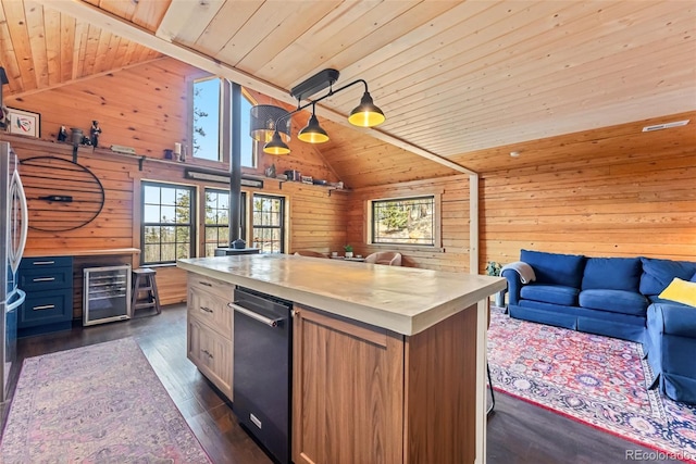 kitchen featuring open floor plan, dark wood-style floors, wooden walls, wine cooler, and wood ceiling