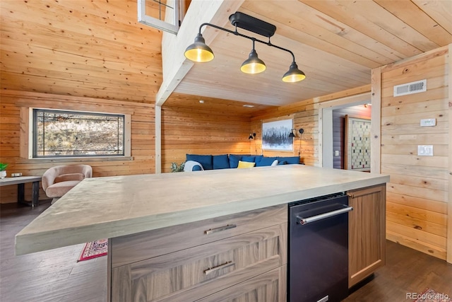 kitchen with wood walls, dark wood-style flooring, and wooden ceiling