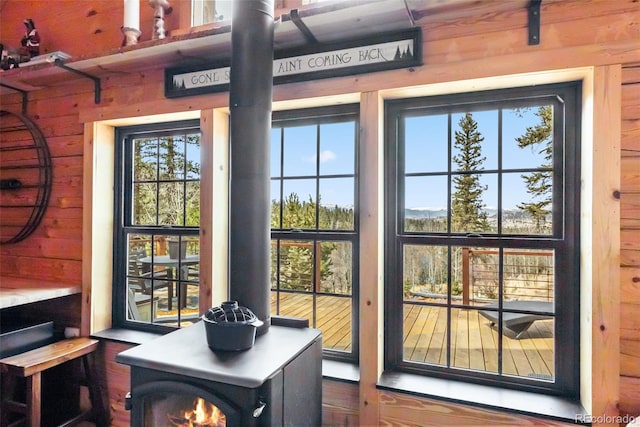 doorway to outside featuring wood walls and a wood stove