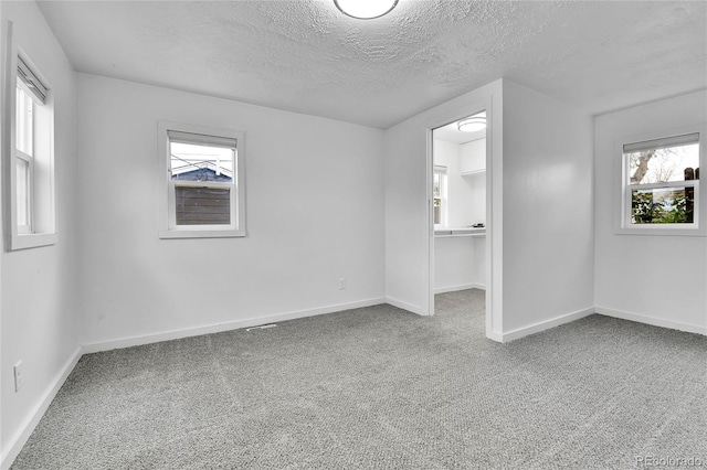 unfurnished bedroom featuring baseboards, multiple windows, carpet, and a textured ceiling
