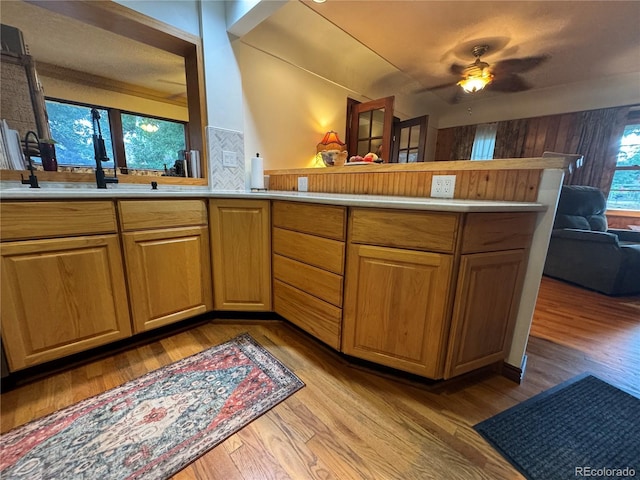 kitchen featuring sink, light hardwood / wood-style flooring, backsplash, and kitchen peninsula