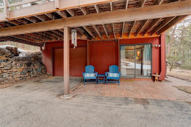 view of patio with a garage