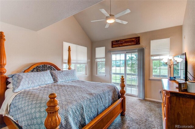 895 Antelope Dr W, Bennett, CO 80102 - carpeted bedroom with access to exterior, multiple windows, vaulted ceiling, baseboards, and ceiling fan