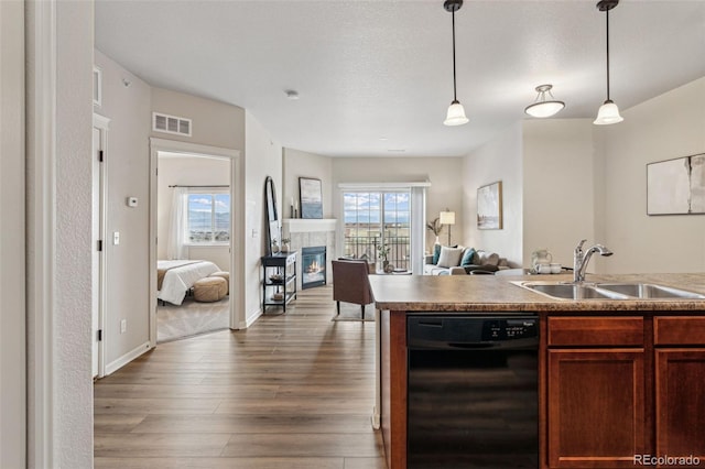 kitchen with black dishwasher, a glass covered fireplace, open floor plan, a sink, and wood finished floors