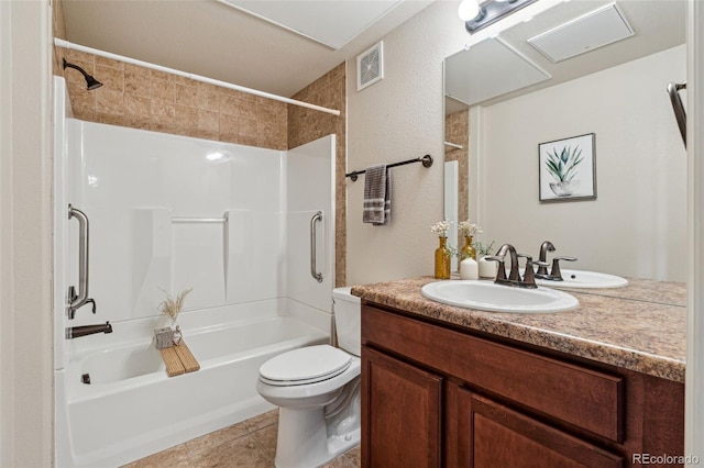 full bathroom featuring shower / bathtub combination, visible vents, toilet, vanity, and tile patterned floors