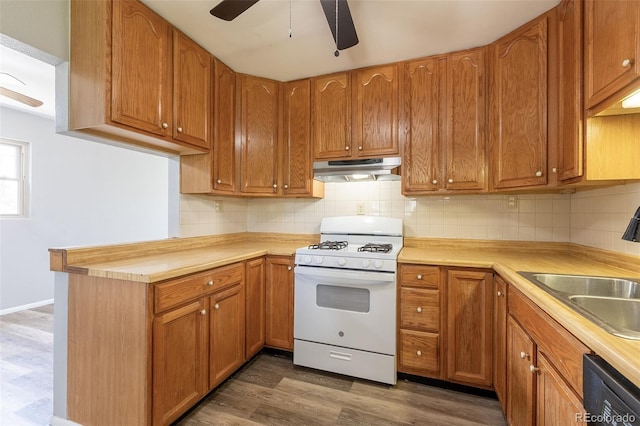 1099 Wheeling St, Aurora, CO 80011 - kitchen with white gas range oven, under cabinet range hood, dark wood finished floors, and light countertops