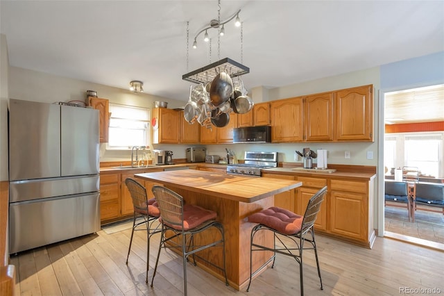 kitchen with appliances with stainless steel finishes, a sink, light wood finished floors, and wooden counters