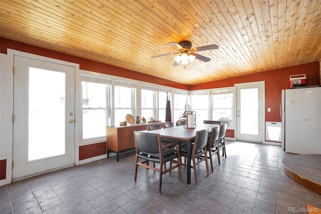 dining space featuring ceiling fan and wood ceiling