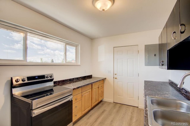 101 Harvard Ln, Buena Vista, CO 81211 - kitchen with stainless steel electric stove, a sink, electric panel, light wood-style flooring, and light brown cabinetry