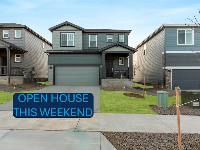 craftsman house featuring a front yard, a garage, and central air condition unit