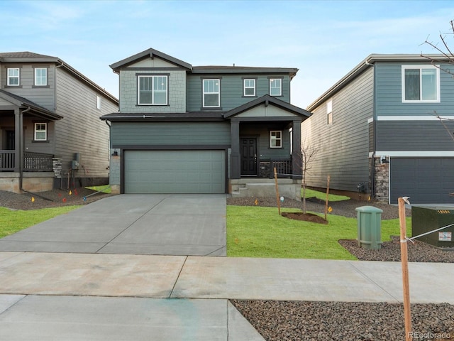 view of front of house featuring a garage, central AC, a front lawn, and covered porch