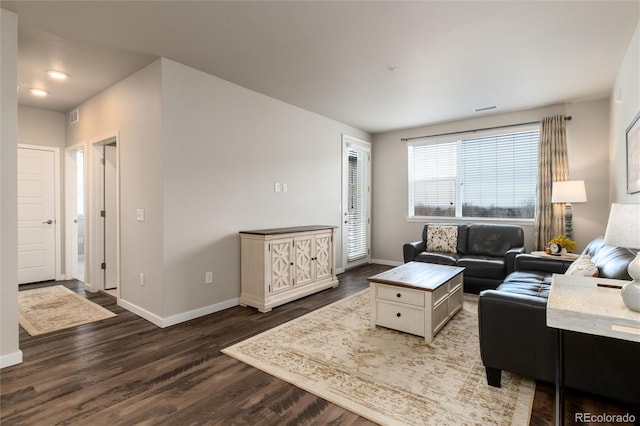 living room featuring dark wood-type flooring