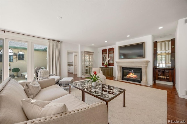 344 Saint Paul St, Denver, CO 80206 - living room featuring wood finished floors, a fireplace with flush hearth, plenty of natural light, recessed lighting, and baseboards