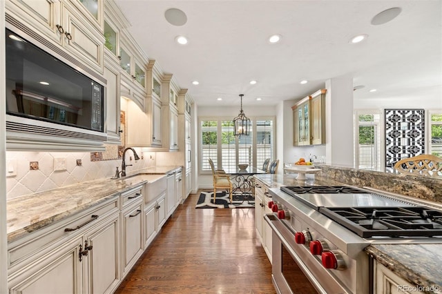 344 Saint Paul St, Denver, CO 80206 - kitchen with built in microwave, high end stainless steel range oven, plenty of natural light, recessed lighting, and dark wood-type flooring