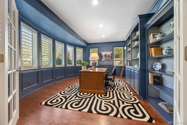 344 Saint Paul St, Denver, CO 80206 - office area featuring wood finished floors, recessed lighting, wallpapered walls, ornamental molding, and a decorative wall