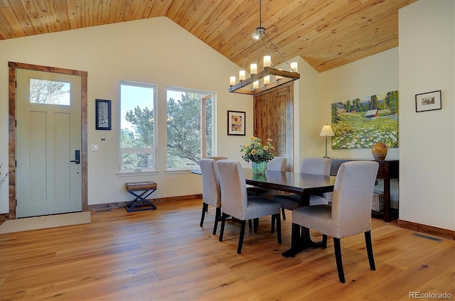 18202 Alta Vista Dr, Buena Vista, CO 81211 - dining area with a chandelier, light wood-type flooring, high vaulted ceiling, baseboards, and wooden ceiling