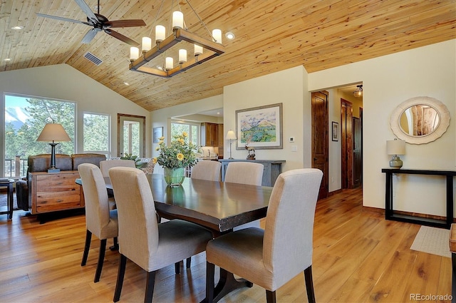 18202 Alta Vista Dr, Buena Vista, CO 81211 - dining space with wooden ceiling, light wood-type flooring, ceiling fan, high vaulted ceiling, and a chandelier