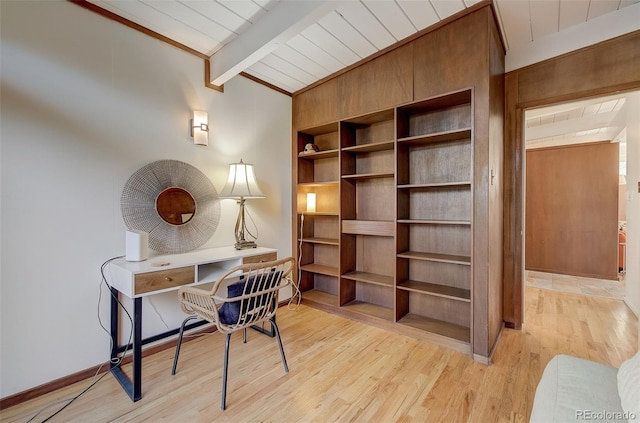 office area with lofted ceiling with beams, light wood-type flooring, and wooden ceiling