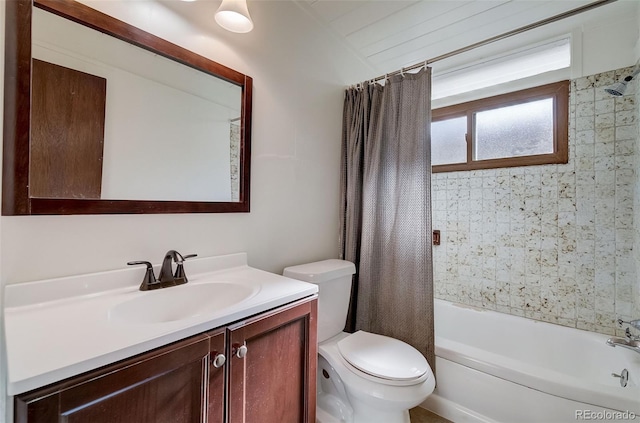 full bathroom with shower / tub combo with curtain, lofted ceiling, vanity, and toilet