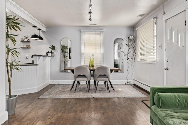 3464 S Downing St, Englewood, CO 80113 - dining area with a baseboard heating unit, dark wood-style floors, and healthy amount of natural light