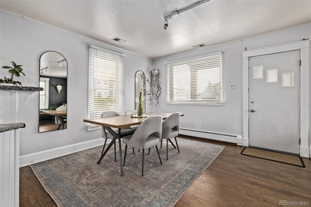 3464 S Downing St, Englewood, CO 80113 - dining room featuring a baseboard radiator, wood finished floors, and rail lighting