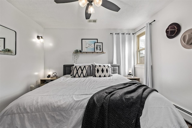 3464 S Downing St, Englewood, CO 80113 - bedroom featuring a ceiling fan, a textured ceiling, and a baseboard radiator