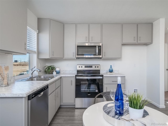 kitchen featuring gray cabinets, sink, dark hardwood / wood-style flooring, and appliances with stainless steel finishes