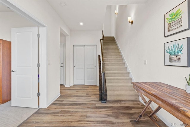 5173 Vivian St, Wheat Ridge, CO 80033 - stairs with wood finished floors, recessed lighting, and baseboards