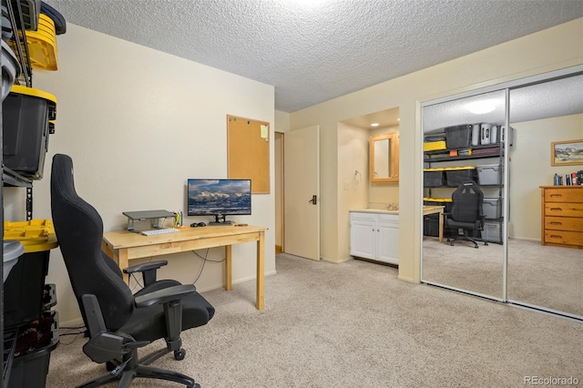 office space featuring light colored carpet and a textured ceiling