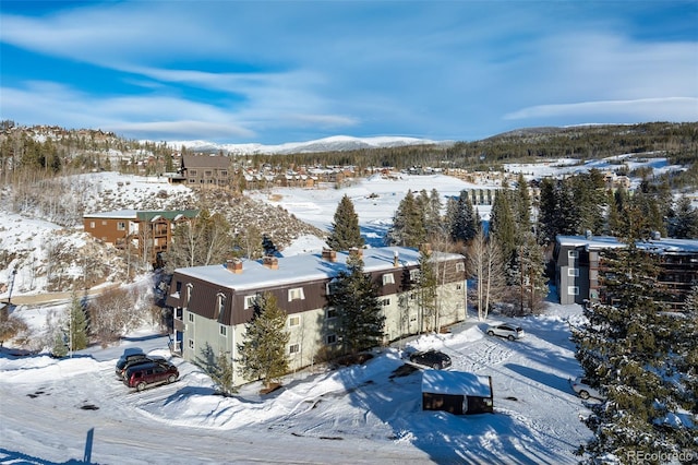 snowy aerial view featuring a mountain view