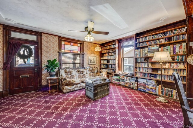306 E Cannon St, Lafayette, CO 80026 - living area with carpet, ceiling fan, healthy amount of natural light, and built in features