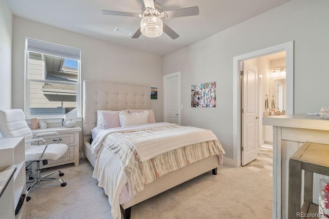 5390 Edenborn Way, Castle Rock, CO 80104 - bedroom featuring light carpet, ensuite bath, an office area, and a ceiling fan