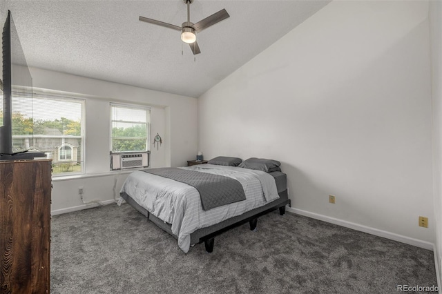 4512 Bramble Ln, Colorado Springs, CO 80925 - bedroom with carpet floors, vaulted ceiling, cooling unit, a ceiling fan, and a textured ceiling