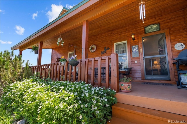 view of exterior entry featuring a porch