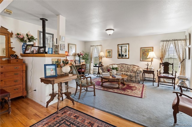 living room featuring a wood stove and hardwood / wood-style floors