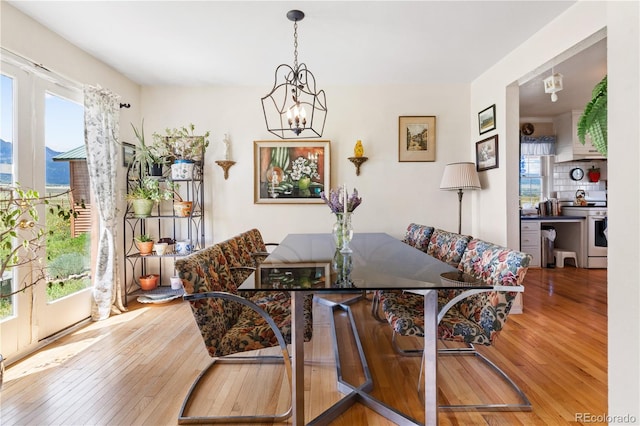 dining space with wood-type flooring and a chandelier