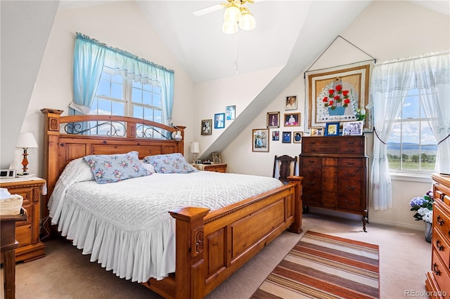 28 County Road 136, Westcliffe, CO 81252 - bedroom with baseboards, lofted ceiling, light carpet, and ceiling fan