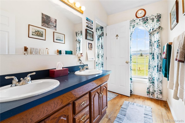 bathroom with wood-type flooring and double sink vanity